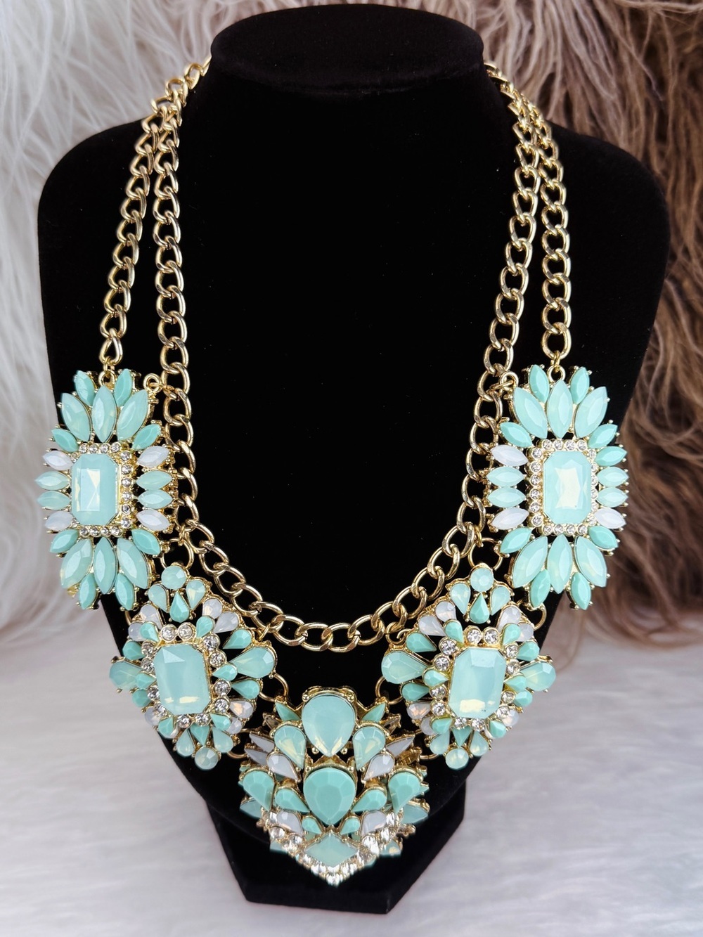 Vintage Mint Aqua Jeweled Floral Cluster Gold Tone Statement Bib Necklace